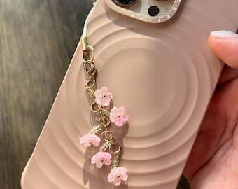 Pink Cherry Blossom Phone Charm: Seed Bead Sakura, Gold Accent