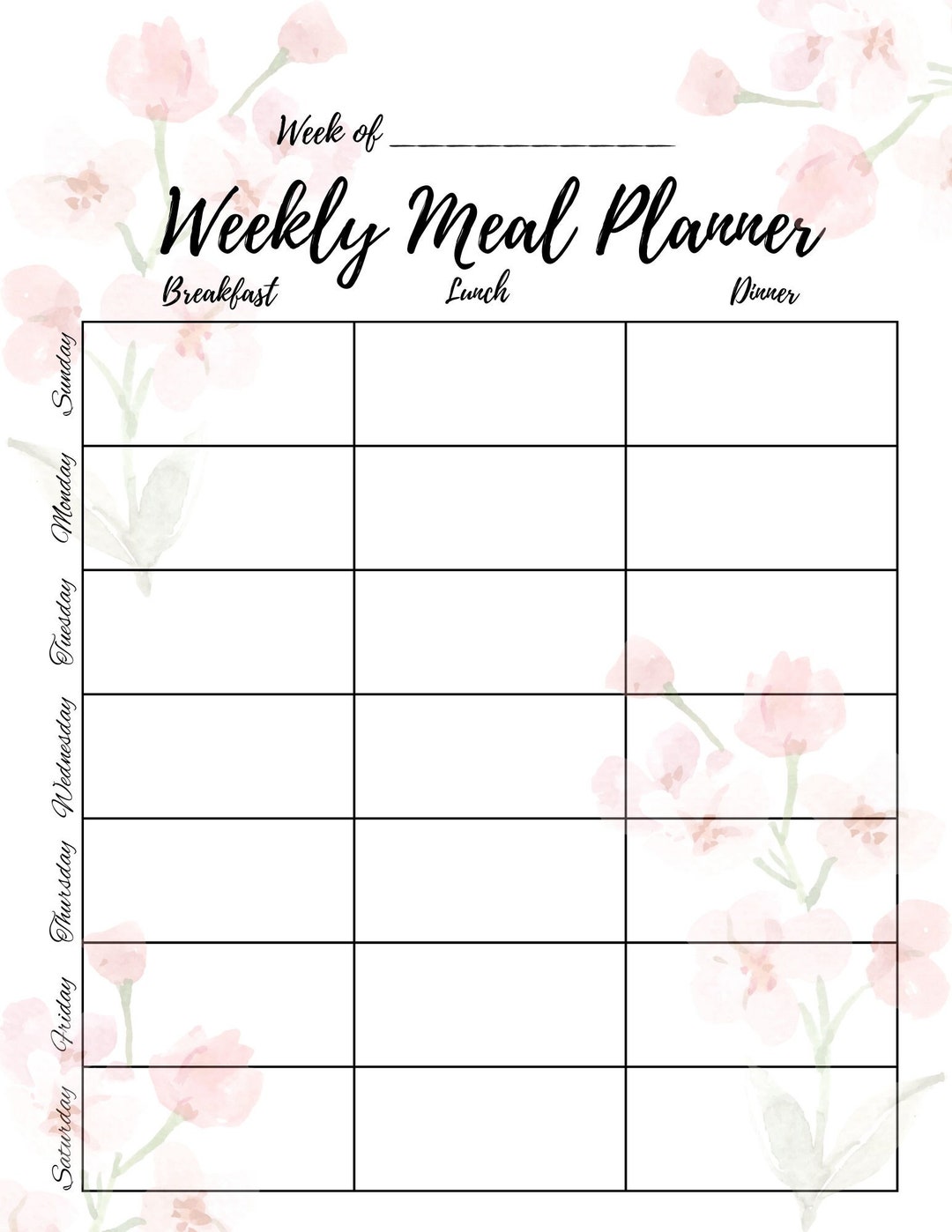 Weekly Meal Planner Pink Watercolor Flowers, Printable, Download - Etsy