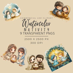 Nativity Art Digital Download - Watercolor Christmas Nativity Clipart - Baby Jesus PNG - Religious Clip Art for Cards - Commercial Use