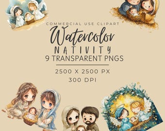 Nativity Art Digital Download - Watercolor Christmas Nativity Clipart - Baby Jesus PNG - Religious Clip Art for Cards - Commercial Use