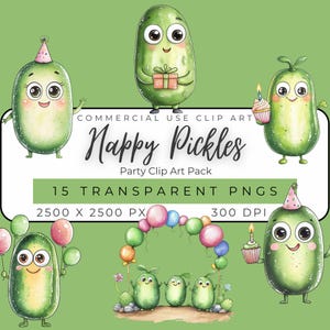 Happy Pickles Party Clipart PNG - Fun Food Character Celebration Set - Whimsical Kitchen Birthday Digital Download - Playful Cartoon Art