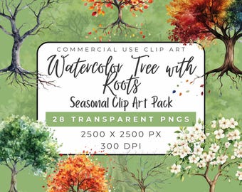 Watercolor Tree with Roots Clipart – Four Seasons PNG (Digital Download)