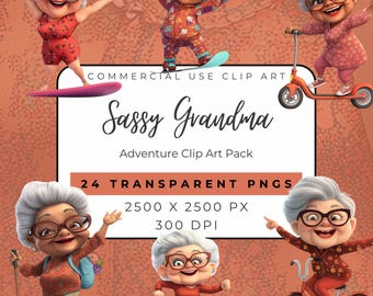 Adventure Sassy Grandma Clipart PNG - Bold Funny Senior Woman Graphics - Retro Travel Humor Digital Download - Vintage Grandma Art Set