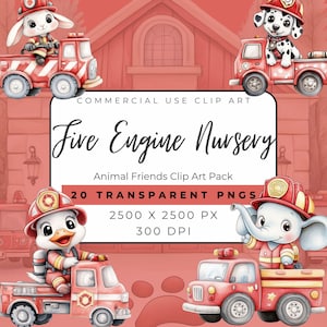 Set di clipart di camion dei pompieri - PNG di camion dei pompieri per decorazioni per la cameretta dei bambini - Download digitale - Creazione di biglietti - Grafica a sublimazione - Animali carini