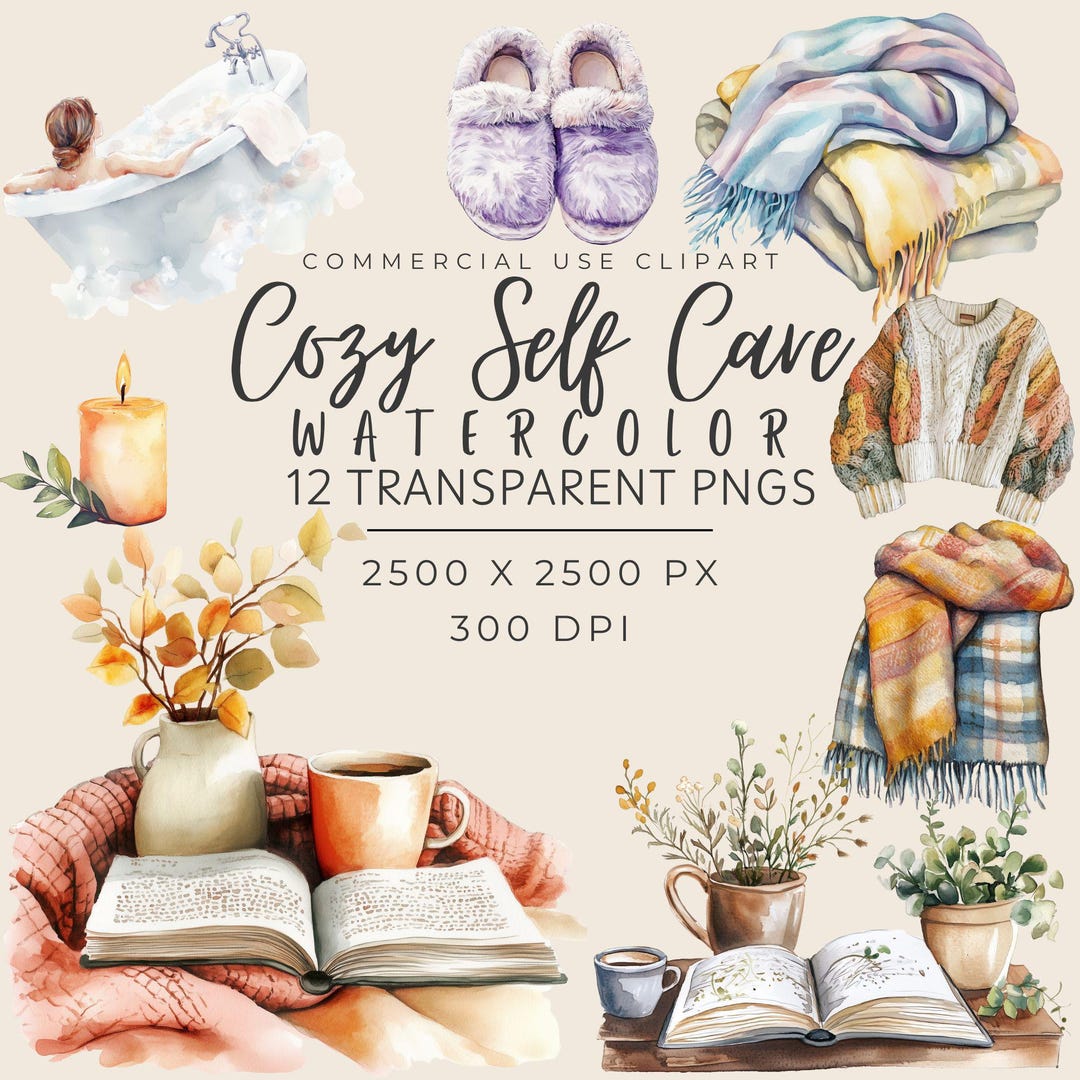 Cozy Self Care Watercolor Clipart – Relaxation PNG Set (digital ...