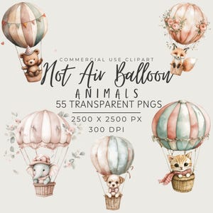 Cute Baby Animals - Hot Air Balloon Clipart - Nursery Decor - Digital Download