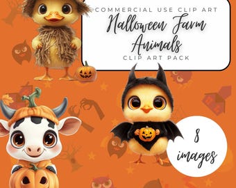 Könnte beinhalten: Eine digitale Illustration mit Halloween-Themen-Bauernhoftieren. Das Bild zeigt ein Entlein mit einem Strohhut, eine Kuh mit einem Kürbishut und ein Küken in einem Fledermauskostüm. Der Text lautet "Halloween Farm Animals Clip Art Pack" und "8 images."