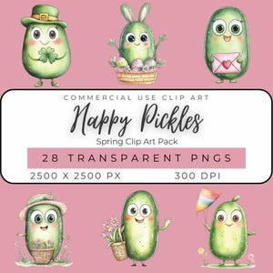 Happy Pickles Spring Clipart PNG - Cute Floral Food Characters Set - Whimsical Seasonal Digital Download - Bright Pastel Cartoon Art