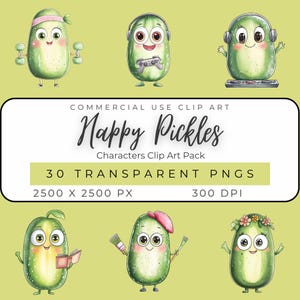 Happy Pickles Clipart PNG - Cute Fun Food Characters Set - Whimsical Kitchen Digital Download - Playful Cartoon Illustrations - Instant Use