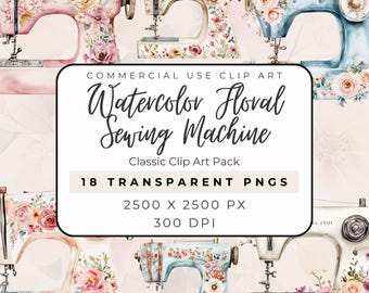Watercolor Floral Sewing Machine Clipart – Vintage PNG Graphics (Digital Download)