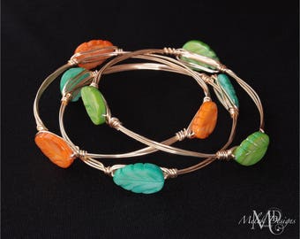 Wire Wrapped Bangles Mother of Pearl Shell Leaves Teal Orange Green Set of 3