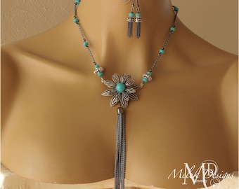 Gunmetal Tassel Flower Pendant Necklace Earrings Set Blue Magnesite