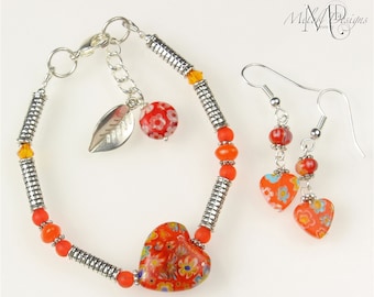 Red Orange Silver Millefiori Bracelet Earrings Set