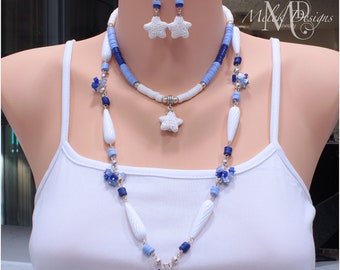 Blue and White Two Necklace and Earrings Set