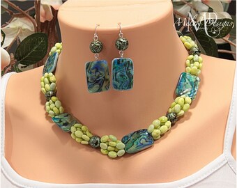 Natural Shell, Green Accent Beads Necklace Earrings Set, Handmade Jewelry