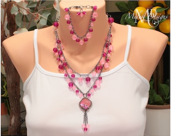 Light Pink Dark Pink Pendant Necklace Bracelet Jewelry Set, Black Chain