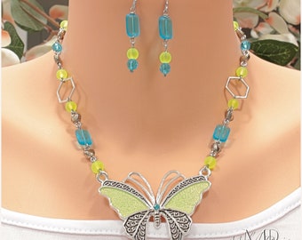 Blue and Green Butterfly Pendant Earrings Set, Handmade Jewelry