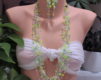 Multi Strand Crochet Necklace Dangling Earrings Set, Green
