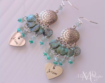 Moss Aquamarine, Czech Glass, Shell, Heart Charm, Chandelier Earrings, Handmade