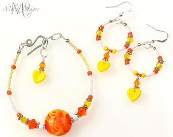 Bracelet Hoop Earrings Set Orange Yellow White