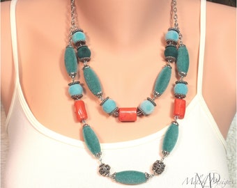 Teal Green Blue Velvet Bead Coral Stone Double Strand Necklace