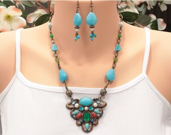 Boho Style Necklace Earrings Set, Turquoise Magnesite, Multi Color Pendant