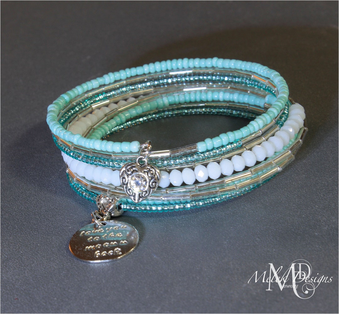 Memory Wire Charm Bracelet White Blue Aqua Etsy