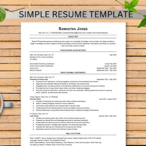 May include: A simple resume template with a professional design. The resume includes a header with the applicant's name, contact information, and objective. The resume also includes sections for education, professional experience, skills, and other relevant information.