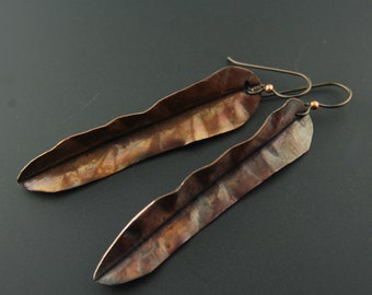 Hand Forged Fold Formed Copper Earrings, Leaf