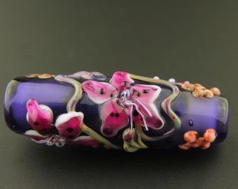 Lampwork glaskraal, paars met roze lelies