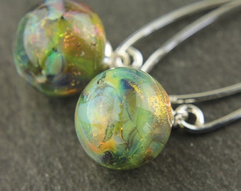 Sterling Silver Earrings with Lampwork Beads, Blue, Green