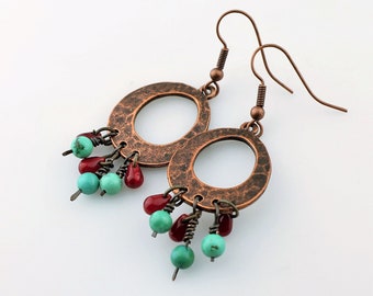 Copper Earrings, Turquoise  Beaded Jewelry, Dangle Earrings Boho Style