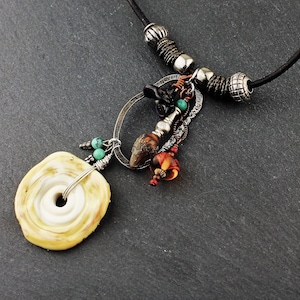 Leather Necklace, Cord, Oxidized Sterling Silver, Glass Beads, Turquoise Gemstones, Beaded Jewelry