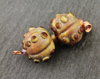 Lampwork Beads, Earring Pair, Sea Urchin, Seashell Shell Etched Matte Glass, Brown Silver