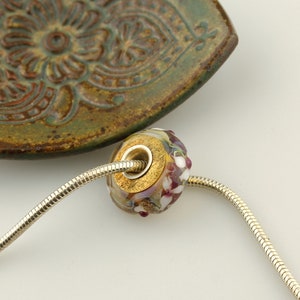 Lampwork Glass Beads, Gold, Pink BHB Charm Sterling Silver Core European Iridescent Big Hole Bead image 4