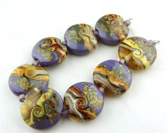 Glass Lampwork Bead Set Lentil, Purple, Brown