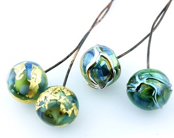 Lampwork Beads, Headpins, Glass on 20Ga Antique Copper Wire, Iridescent Blue, Green, Gold