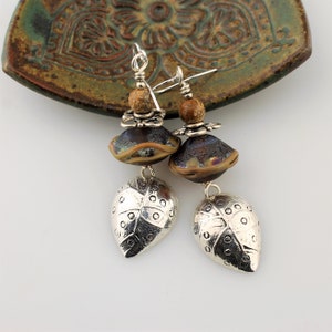 Handmade Lampwork Earrings, Sterling Silver, Brown Dangle Gemstone