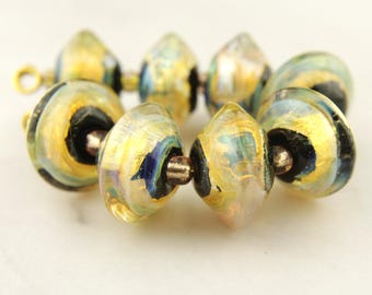 Lampwork Glass Beads, Iridescent Gold, Black, Saucer Shape