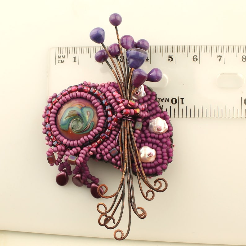 Bead Embroidery Pin Purple Pink Beaded Brooch with Lampwork Cabochon