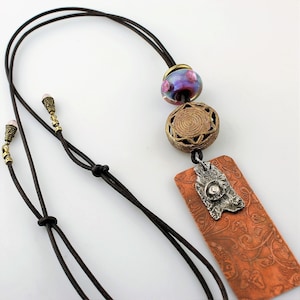 Lampwork Necklace, Leather Cord, Sterling Silver, Copper, Antique Brass, Adjustable Beaded Jewelry
