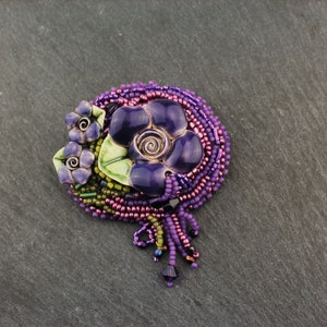 Handmade Beaded Brooch: Purple Ceramic Roses, Bead Embroidery