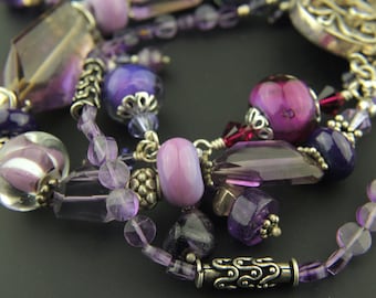 Sterling Silver Bracelet, Lampwork Glass Beads, Amethyst Gemstones, Purple, 'Summer Iris'