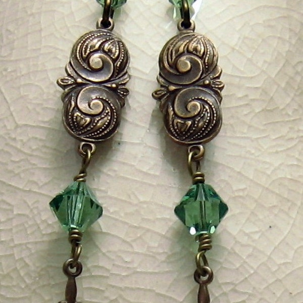 Vintaj Natural Brass and Green Swarovski Crystal Long Earrings Beaded Jewelry 'Song of Summer'