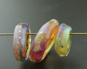 Lampwork Glass Bead Slider Focal Rings Links Spacers, Iridescent Pink, Blue, Green, Topaz