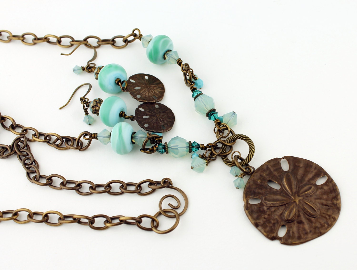 Lampwork Necklace and Earrings Set Long Chain Ocean Vintaj | Etsy