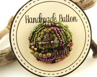 Hand Beaded Button, Embroidery, Olive Green, Pink (33mm)