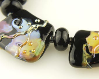 Lampwork Glass Beads Set, Top Drilled, Black, Iridescent Gold