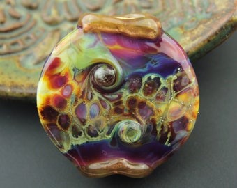 Glass Lampwork Bead, Lentil Focal Bead Purple, Gold, Green, 'Autumn Fire'