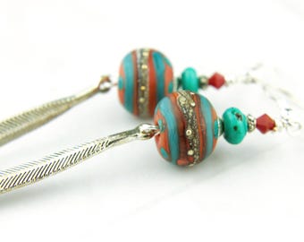 Earrings, Long Lampwork Glass Beads, Turquoise, Coral